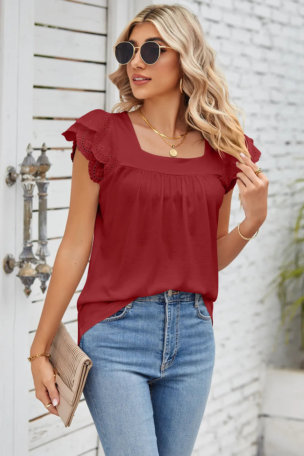 Eyelet Square Neck Cap Sleeve Blouse (11)