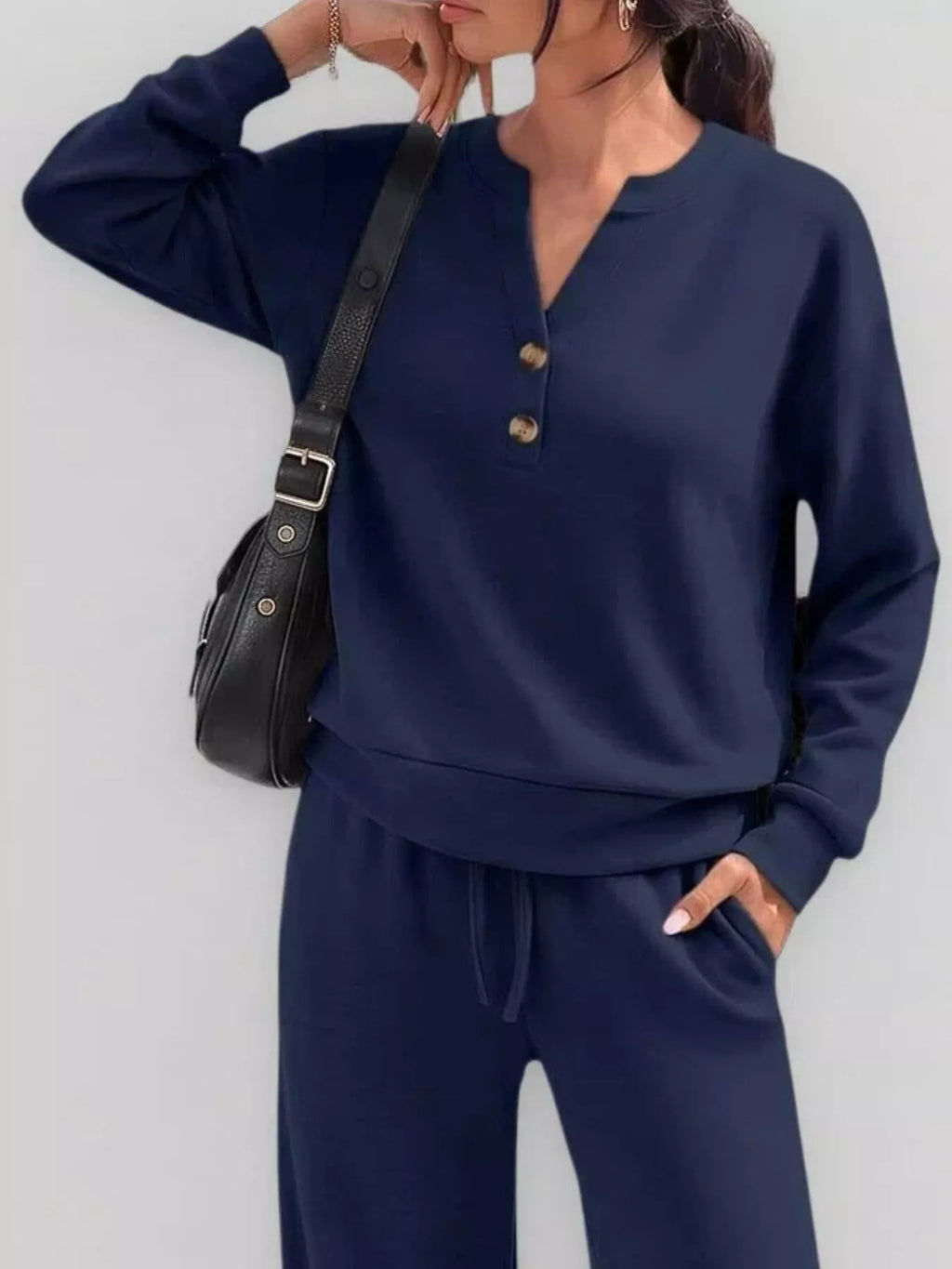 Button Detail Dropped Shoulder Top Pants Set (24)