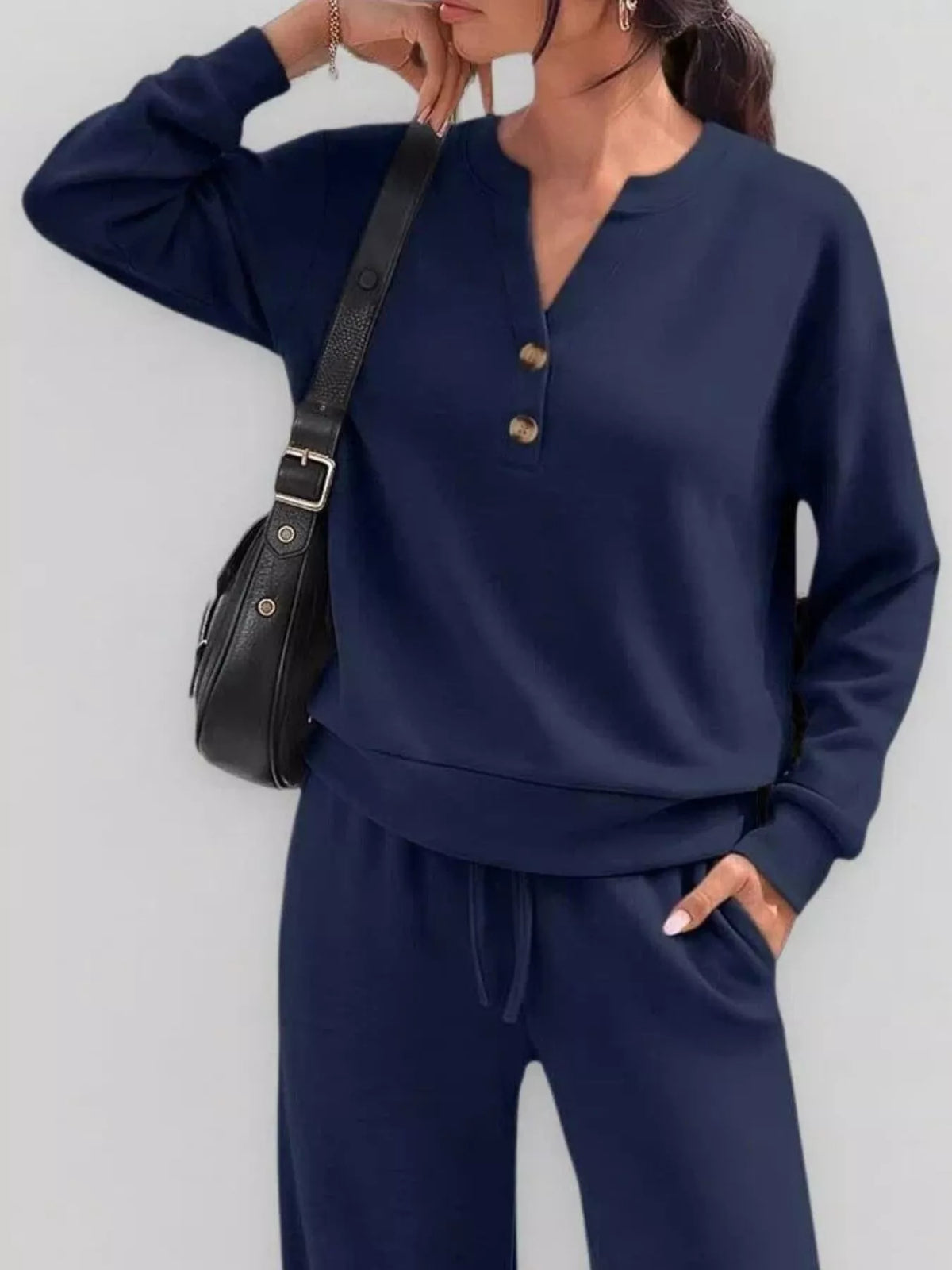 Button Detail Dropped Shoulder Top Pants Set (24)