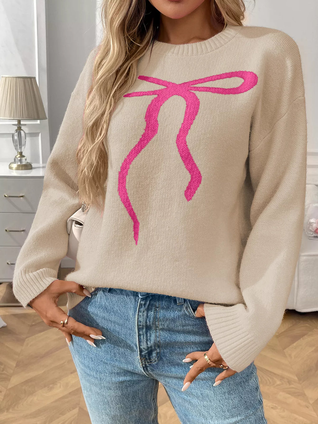 Bow Round Neck Long Sleeve Sweater (12)