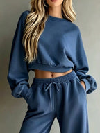 Round Neck Cropped Sweatshirt Wide-leg Pants (11)