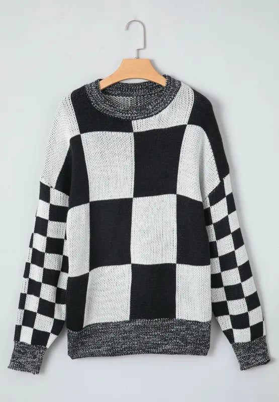 Checkered Round Neck Drop Shoulder Sweater (22)