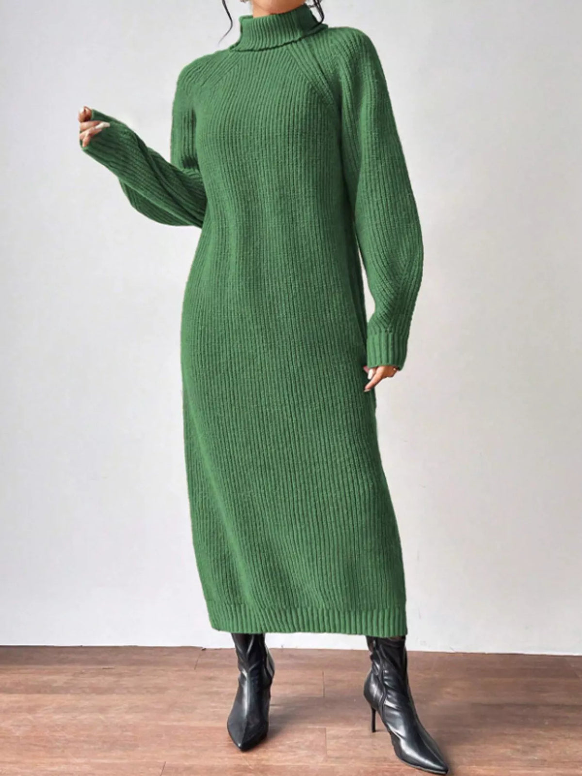 Turtleneck Ribbed Knit Midi Sweater Dress (5)