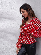 Ruched Printed V-neck Long Sleeve Blouse (8)