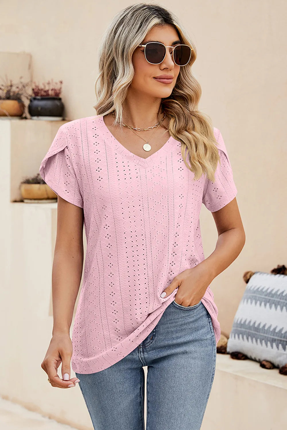 Eyelet V-neck Petal Sleeve T-shirt (2)