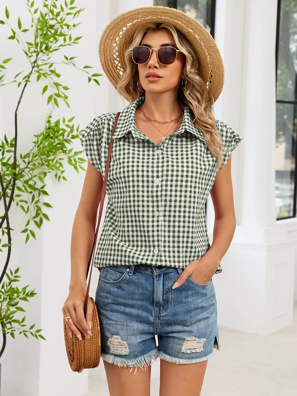 Plaid Button Up Cap Sleeve Shirt (25)