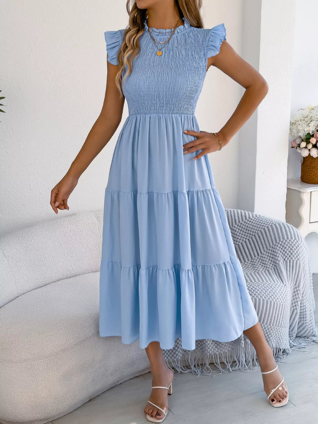 Smocked Ruffled Cap Sleeve Dress (12)