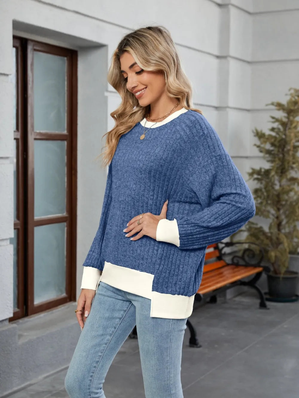 Contrast Trim Round Neck Long Sleeve T-shirt (19)