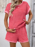 Striped Casual Round Neck Top Shorts Set (10)