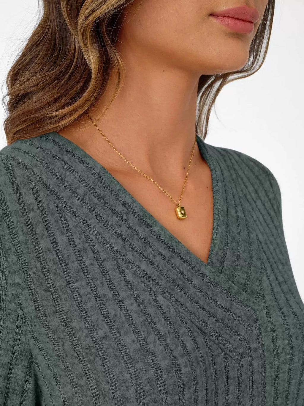 Ribbed Knit V-neck Long Sleeve T-shirt (5)