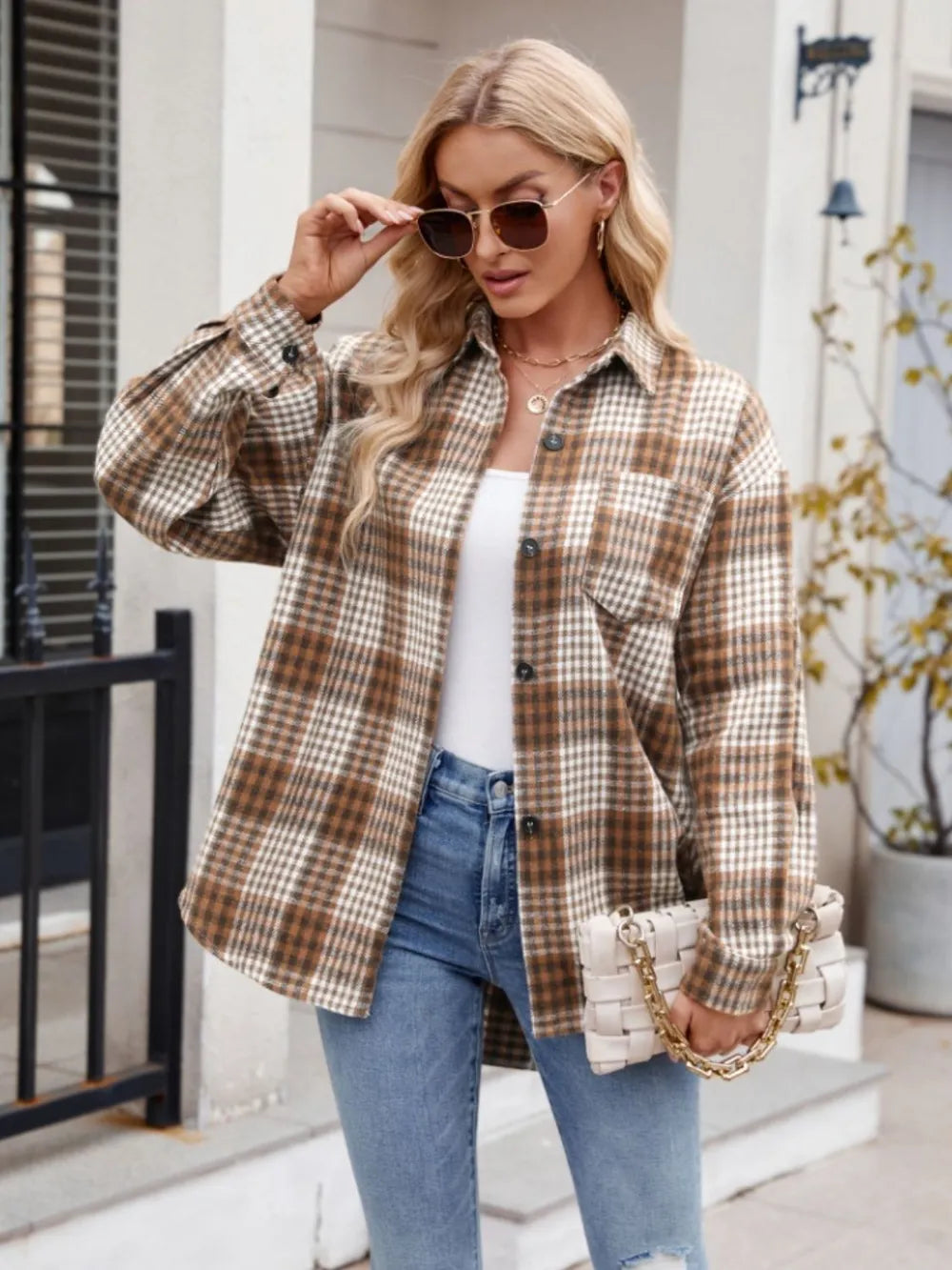 Pocketed Plaid Collared Neck Long Sleeve Shirt (7)