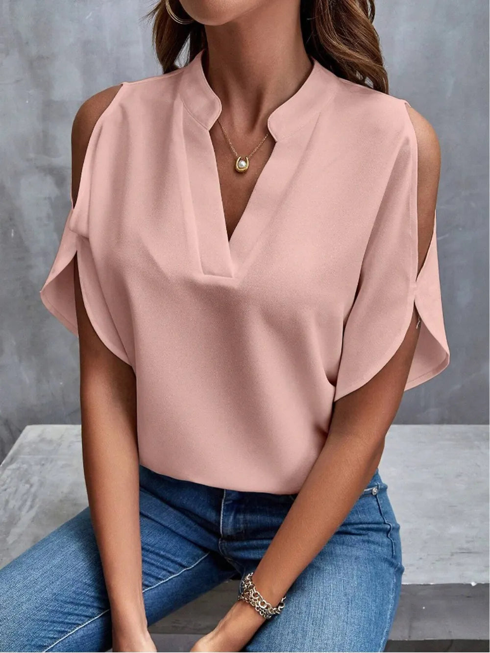 Notched Cold Shoulder Half Sleeve Blouse (7)