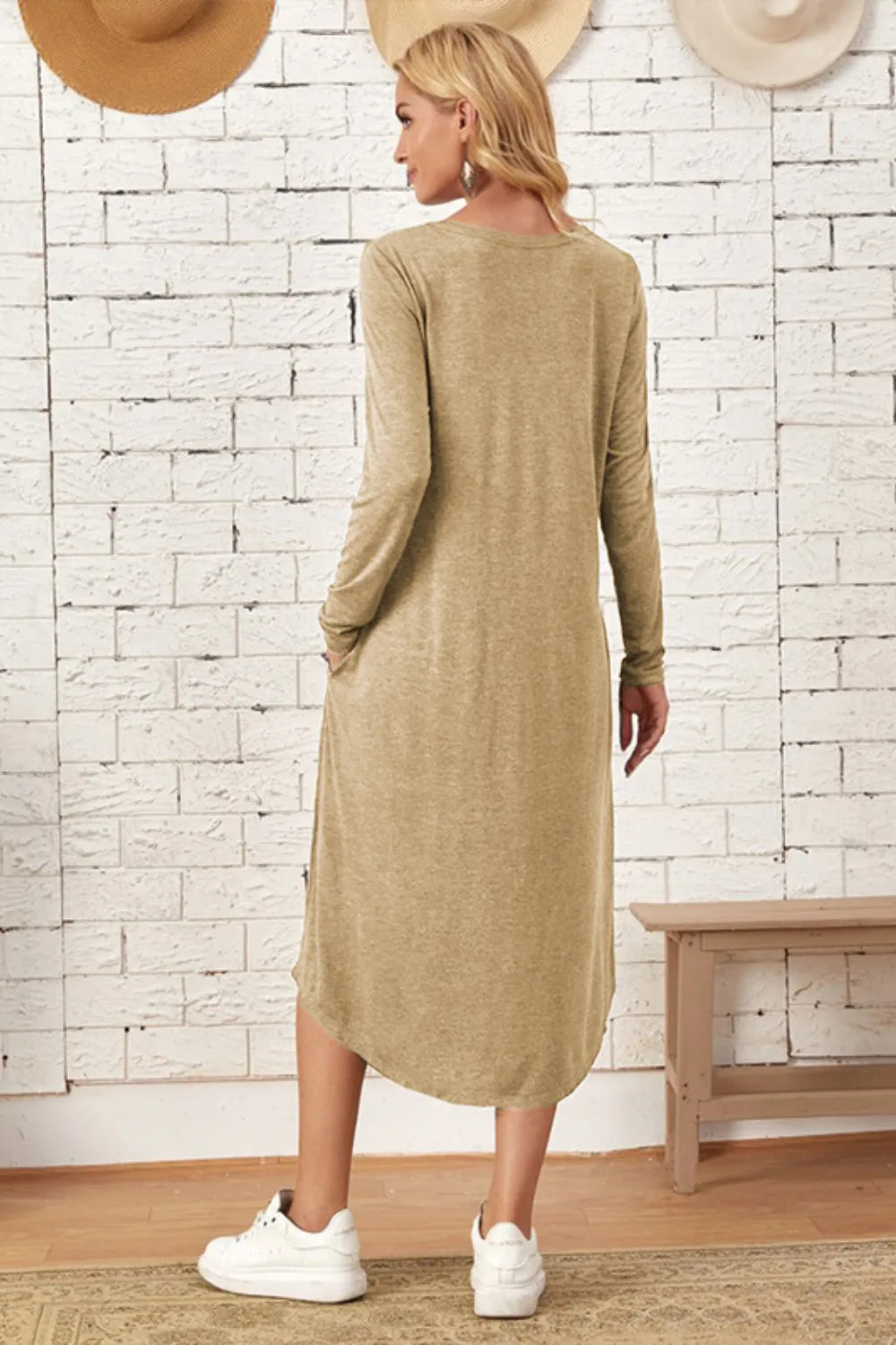 Pocketed Round Neck Long Sleeve Tee Dress (15)