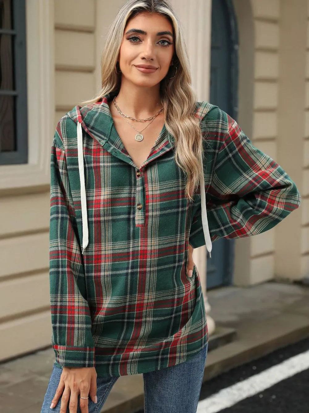 Drawstring Plaid Hooded Long Sleeve Top (4)