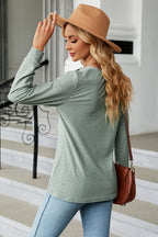 Notched Neck Long Sleeve Buttoned Blouse (12)