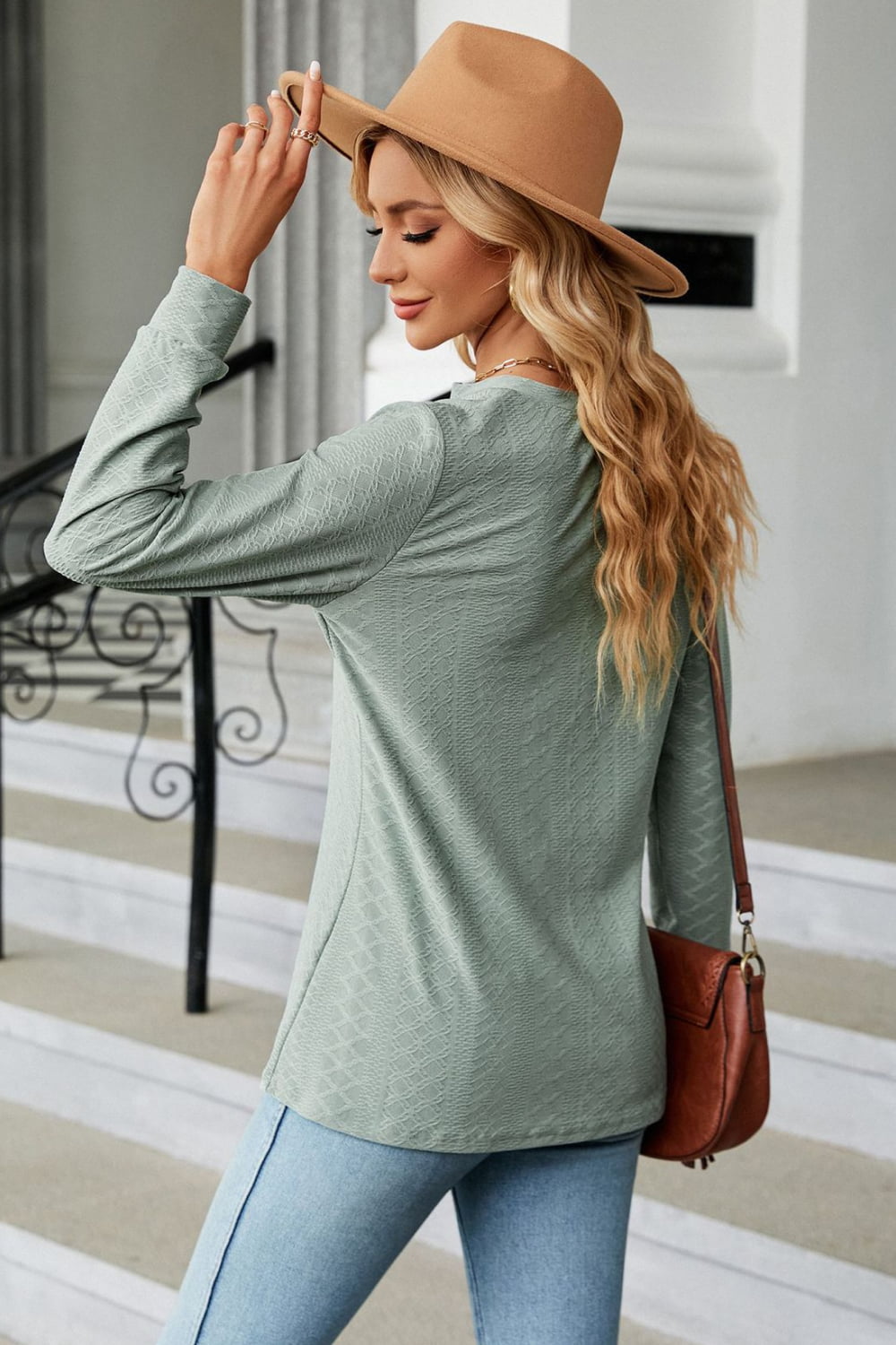 Notched Neck Long Sleeve Buttoned Blouse (12)