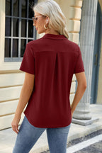 Pocketed Johnny Collar Short Sleeve Blouse (2)