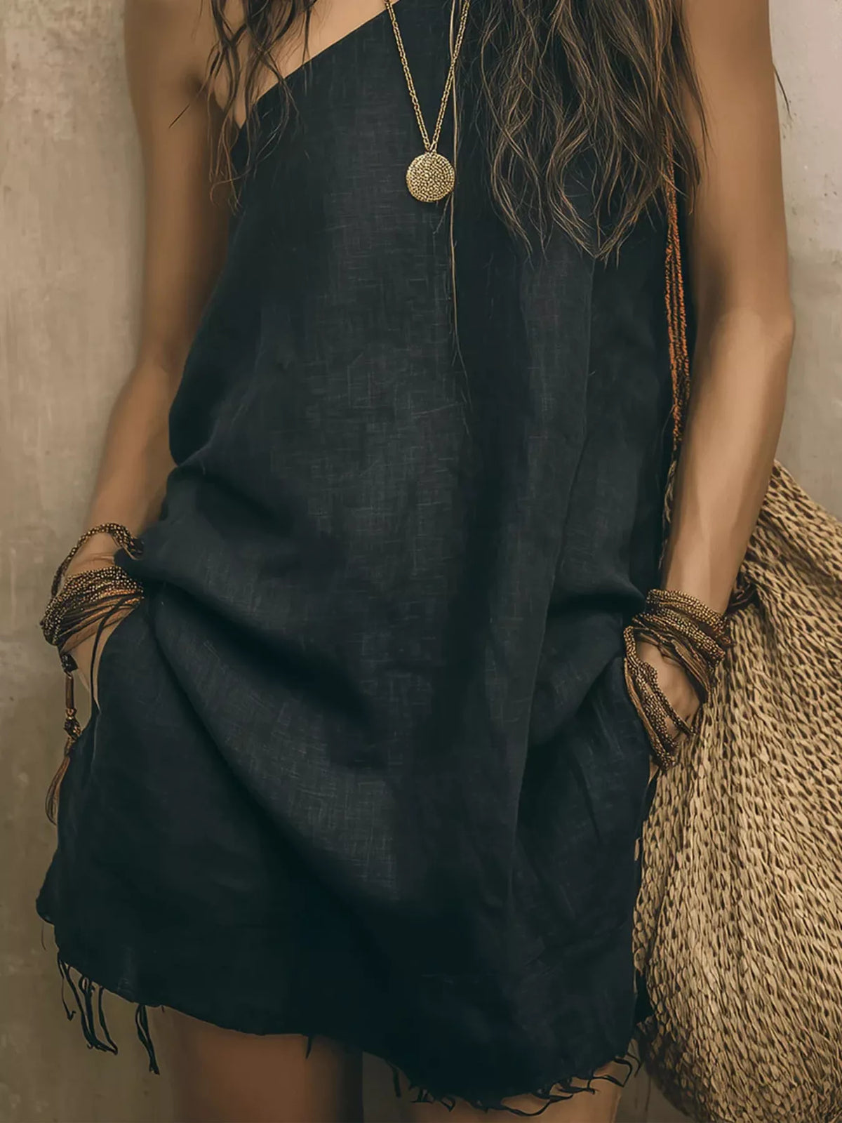 One-shoulder Mini Dress Frayed Hem (6)