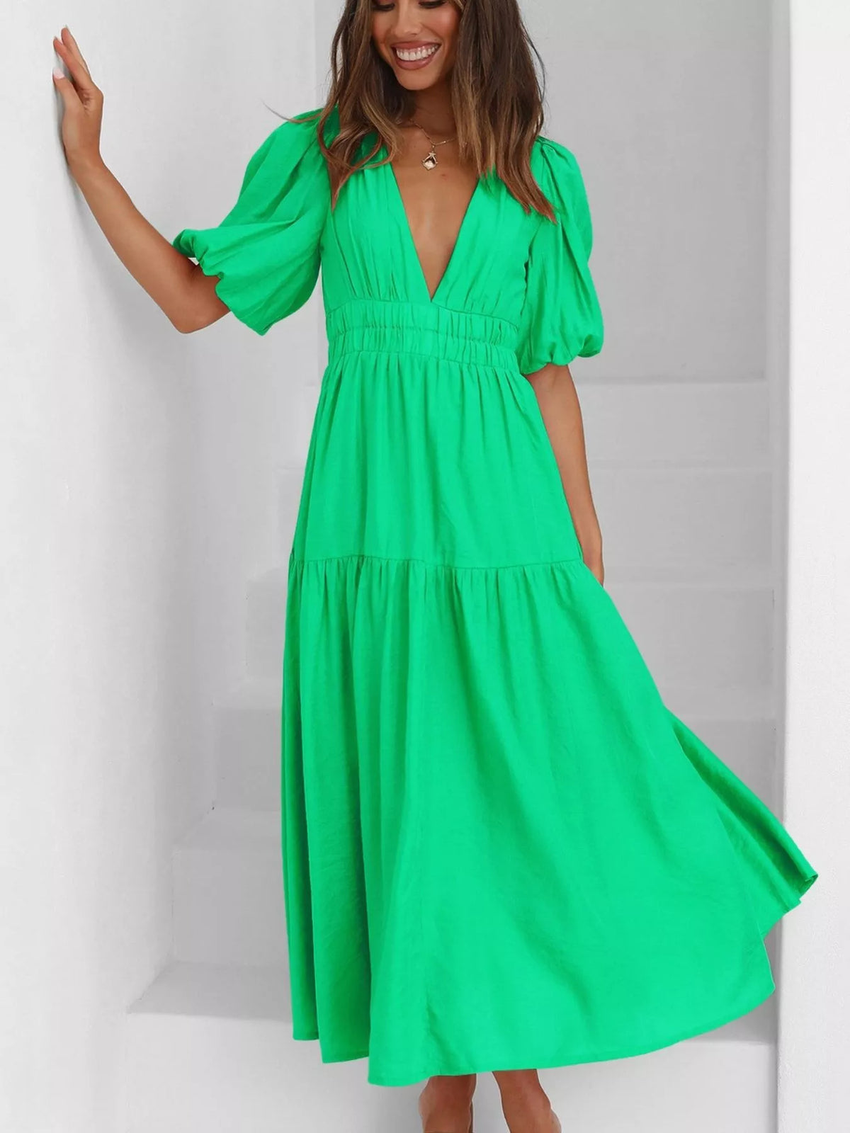 V-neck Puff Sleeve Midi Dress (29)