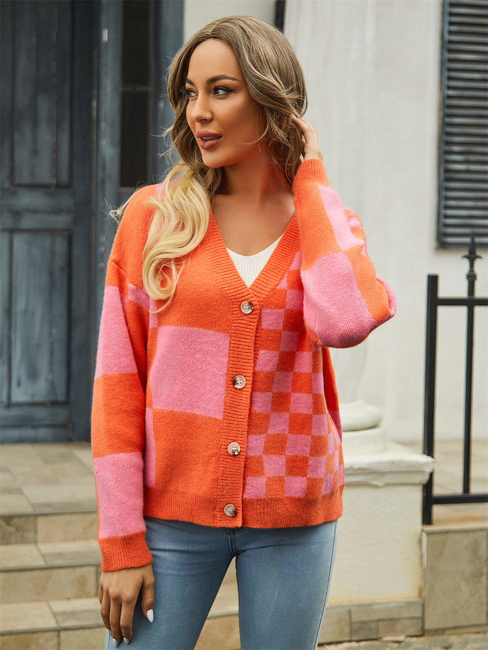 Plaid V-neck Dropped Shoulder Cardigan (13)