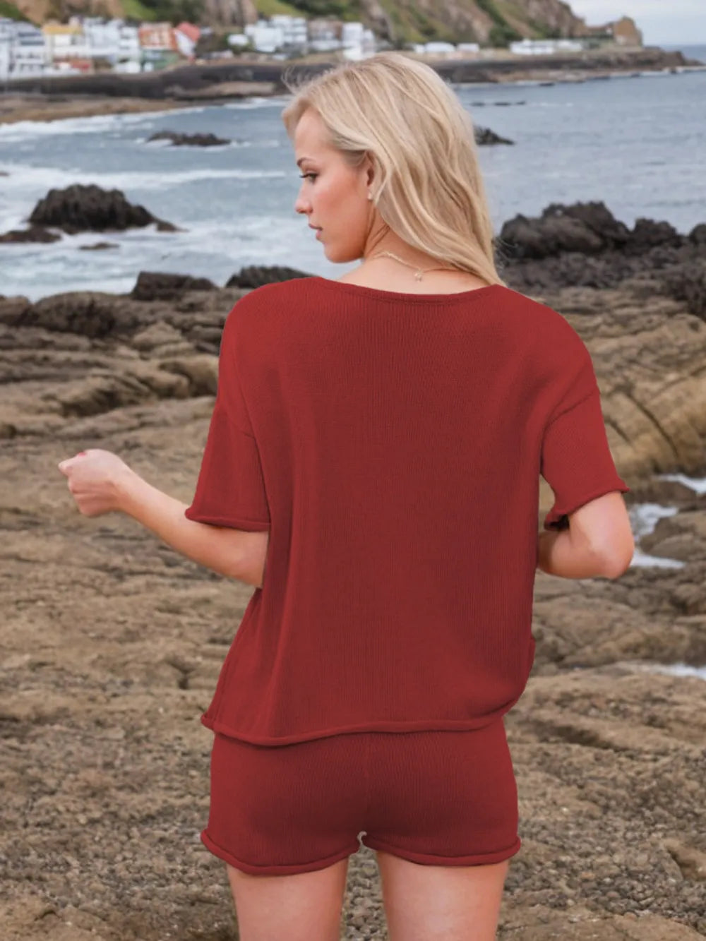 Round Neck Short Sleeve Top Shorts Sweater Set (10)