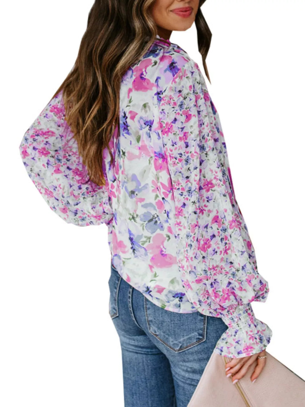 Full Size Floral Print Smocked Cuff Blouse Plus (6)