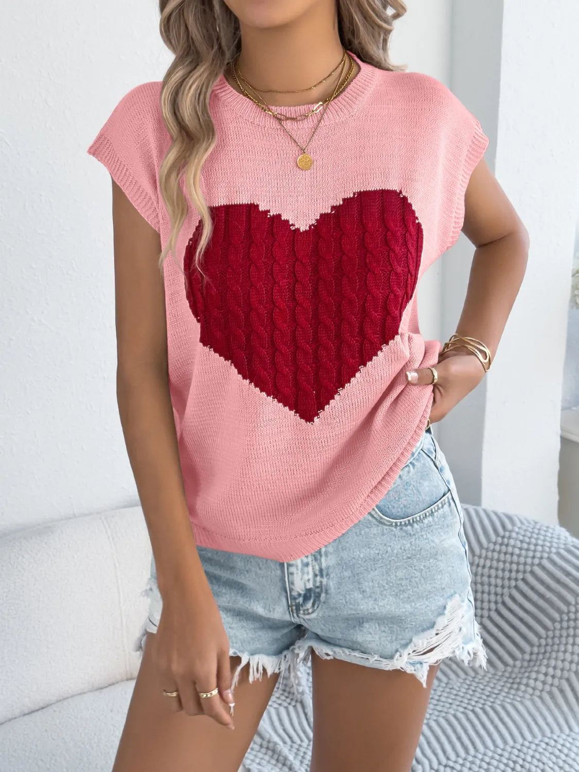 Cable Knit Heart Round Neck Cap Sleeve Top (5)