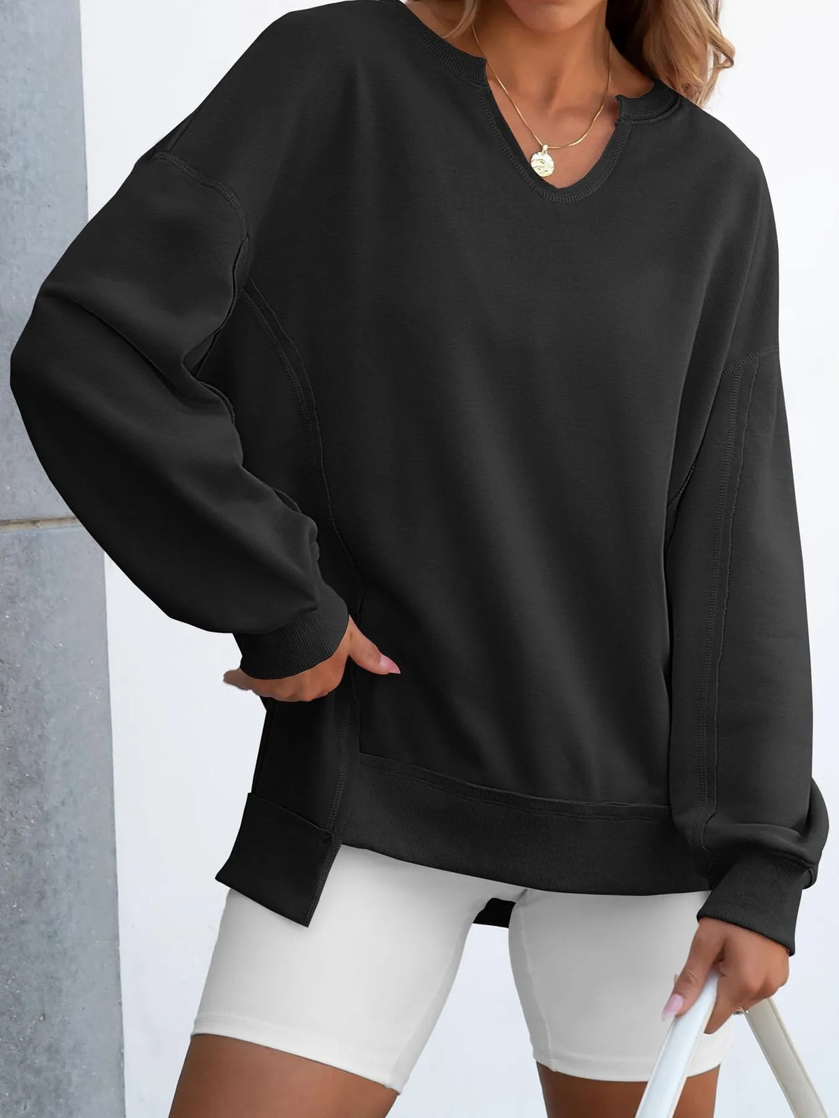 Notched Long Sleeve Oversized Sweatshirt (15)