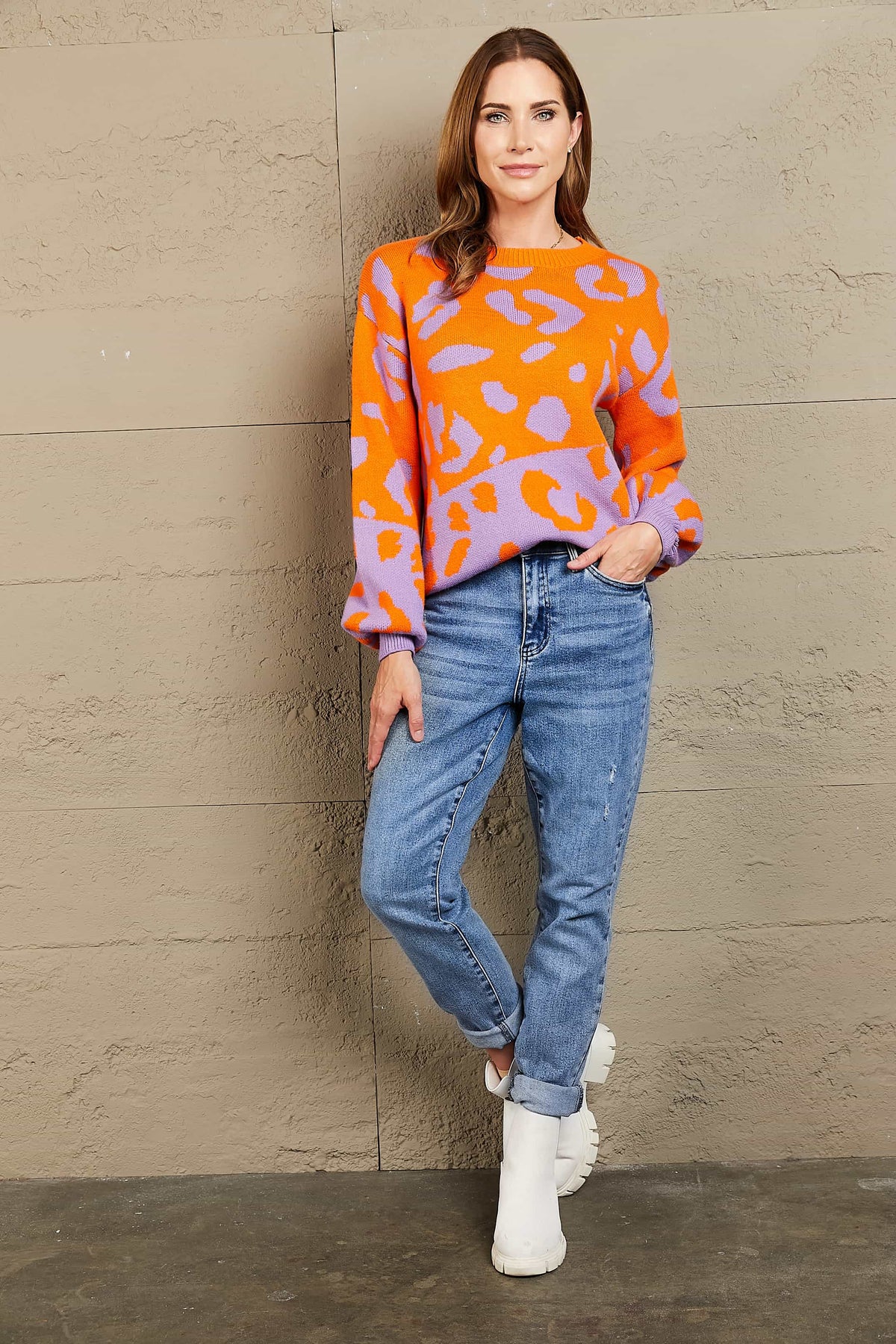 Woven Right Leopard Round Neck Dropped Shoulder Sweater (4)