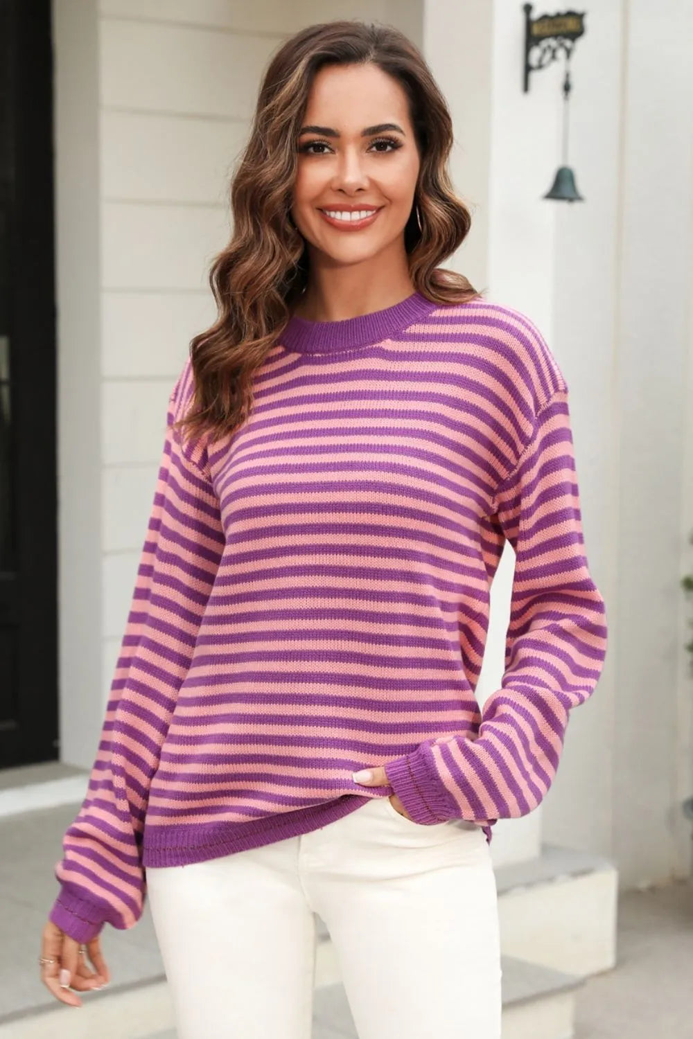 Striped Round Neck Dropped Shoulder Sweater (29)