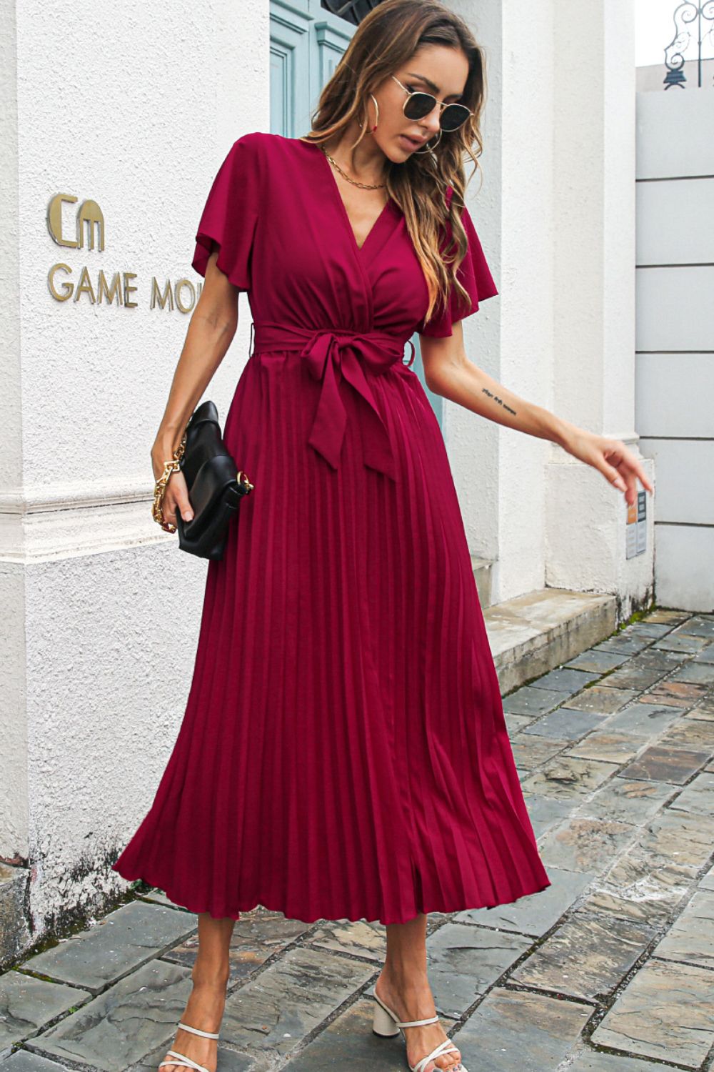 Flutter Sleeve Belted Surplice Midi Dress (5)