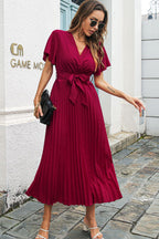 Flutter Sleeve Belted Surplice Midi Dress (5)