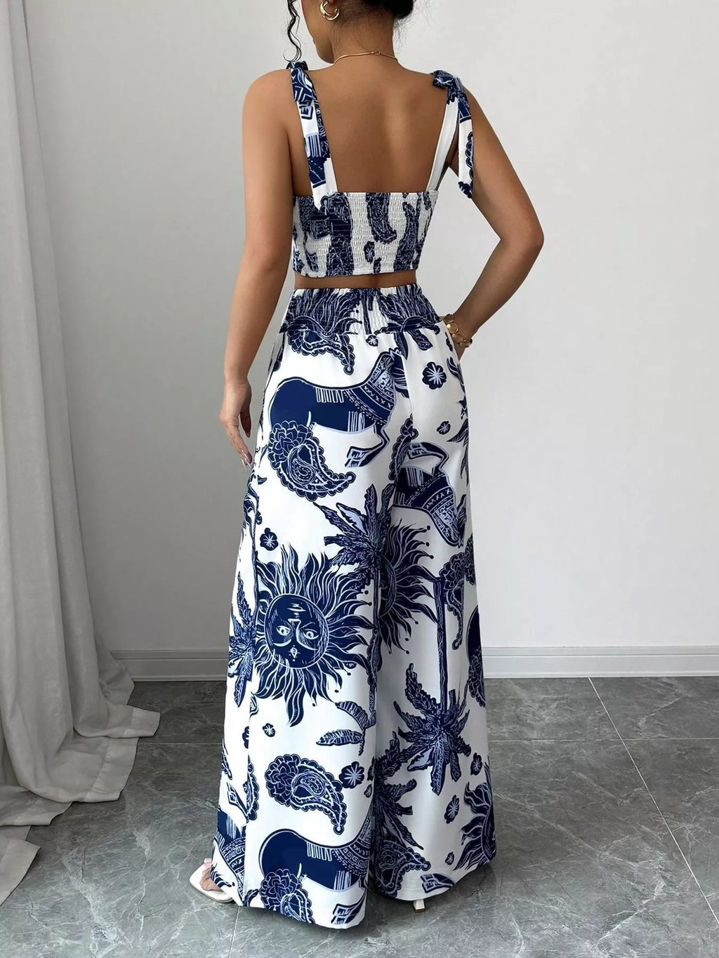 Floral Print Crop Top Wide Leg Pants Set (3)