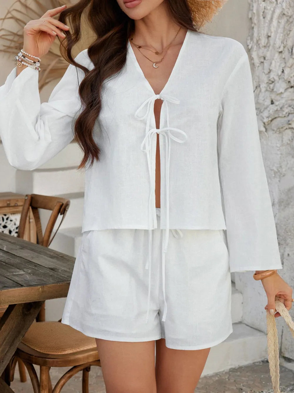 Double Tied V-neck Top Shorts Set (11)