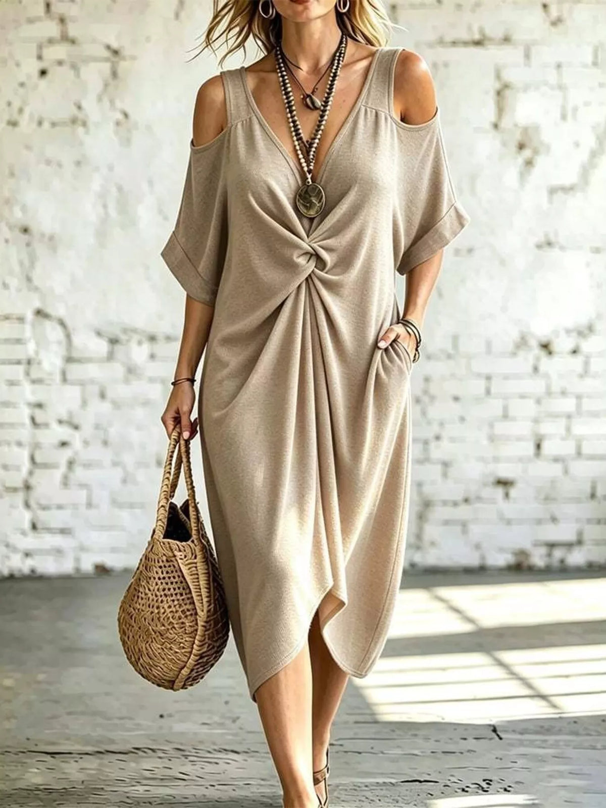 Full Size Cold Shoulder Twist Front Midi Dress Plus