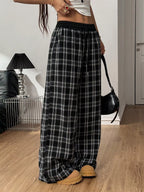 Plaid Wide-leg Pants Elastic Waistband (4)