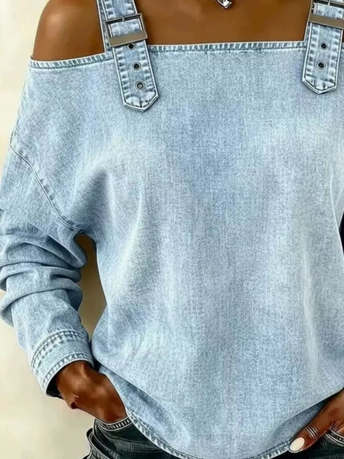 Full Size Buckle Strap Long Sleeve Denim Top Plus (3)