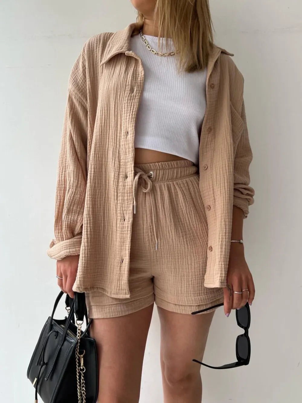 Texture Button Up Shirt Drawstring Shorts Set (11)