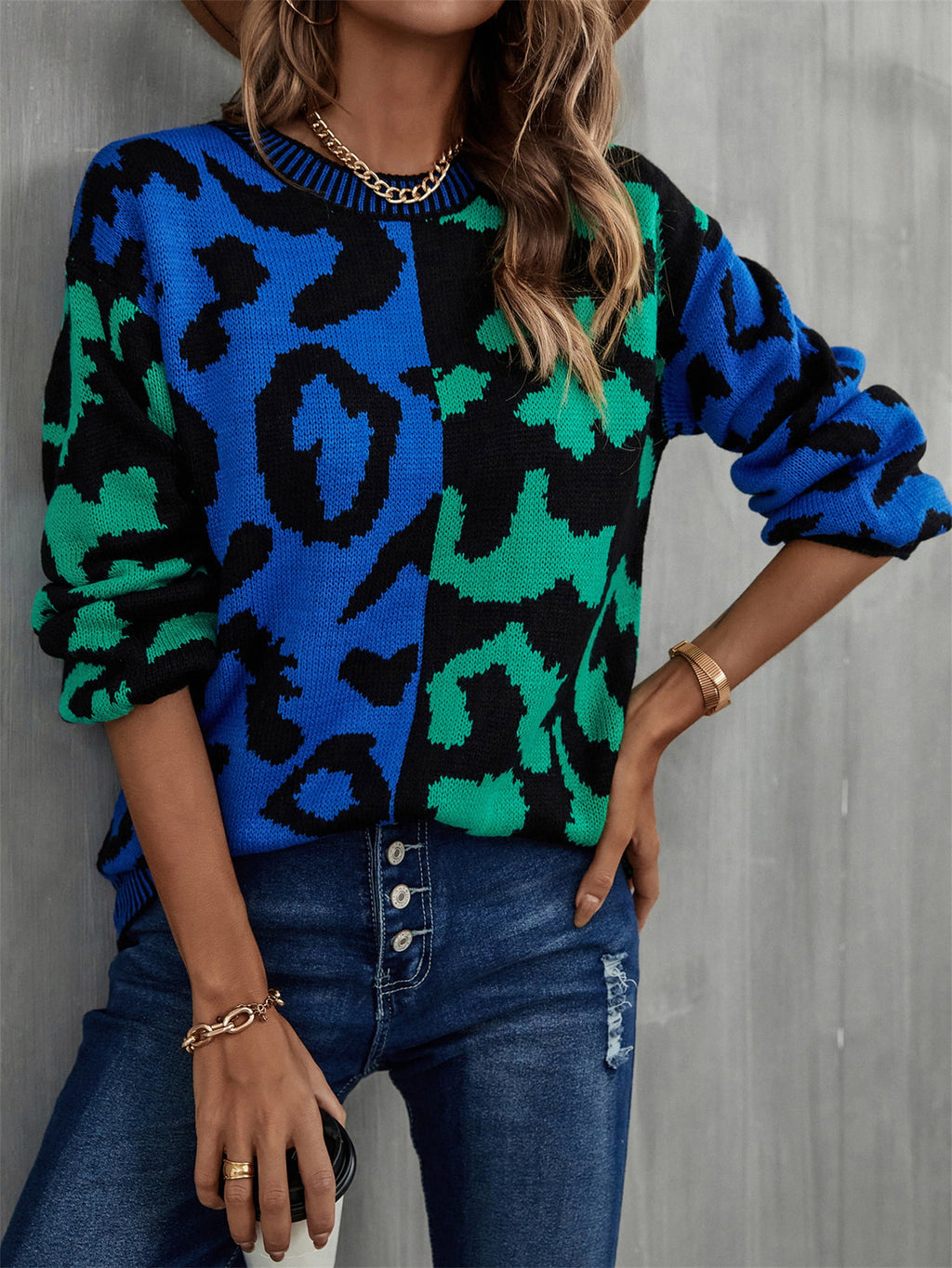 Round Neck Contrast Dropped Shoulder Sweater (8)