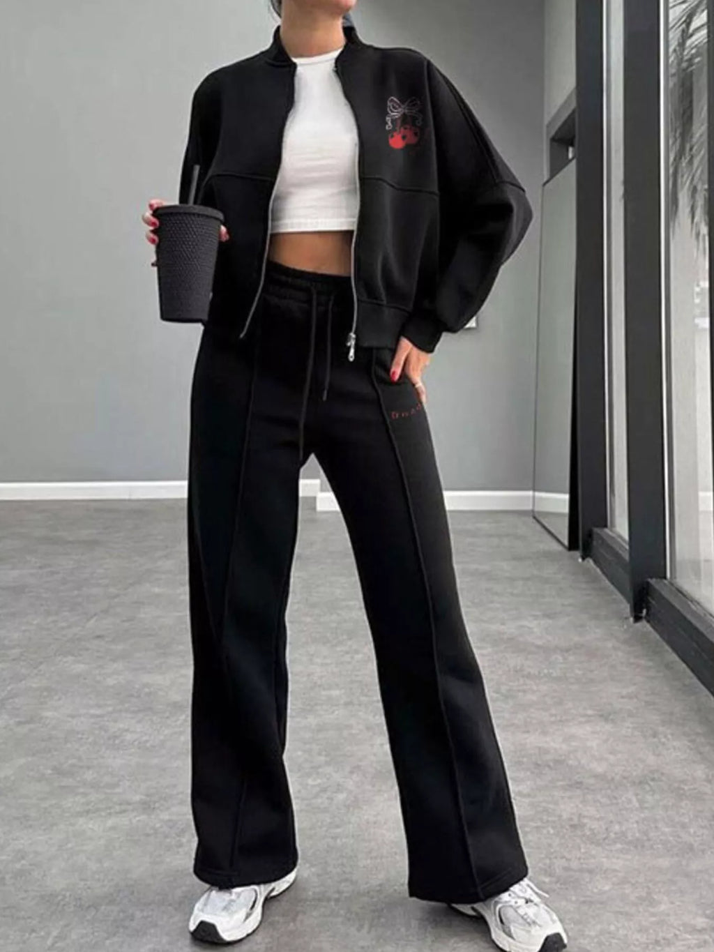 Zip Up Dropped Shoulder Outerwear Pants Set (3)
