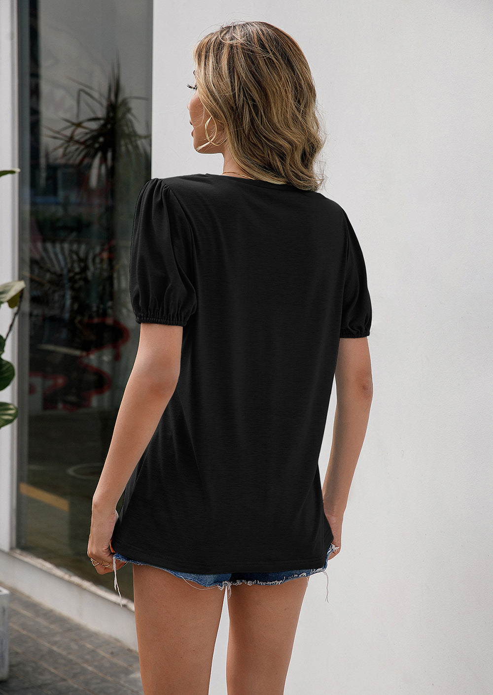 V-neck Decorative Buttons Puff Sleeve Tee (6)