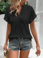 Openwork Notched Short Sleeve Blouse (14)