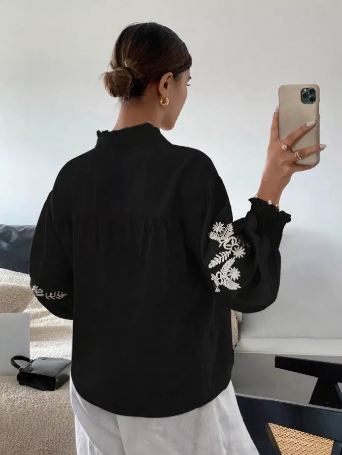 Embroidered Notched Long Sleeve Blouse (10)