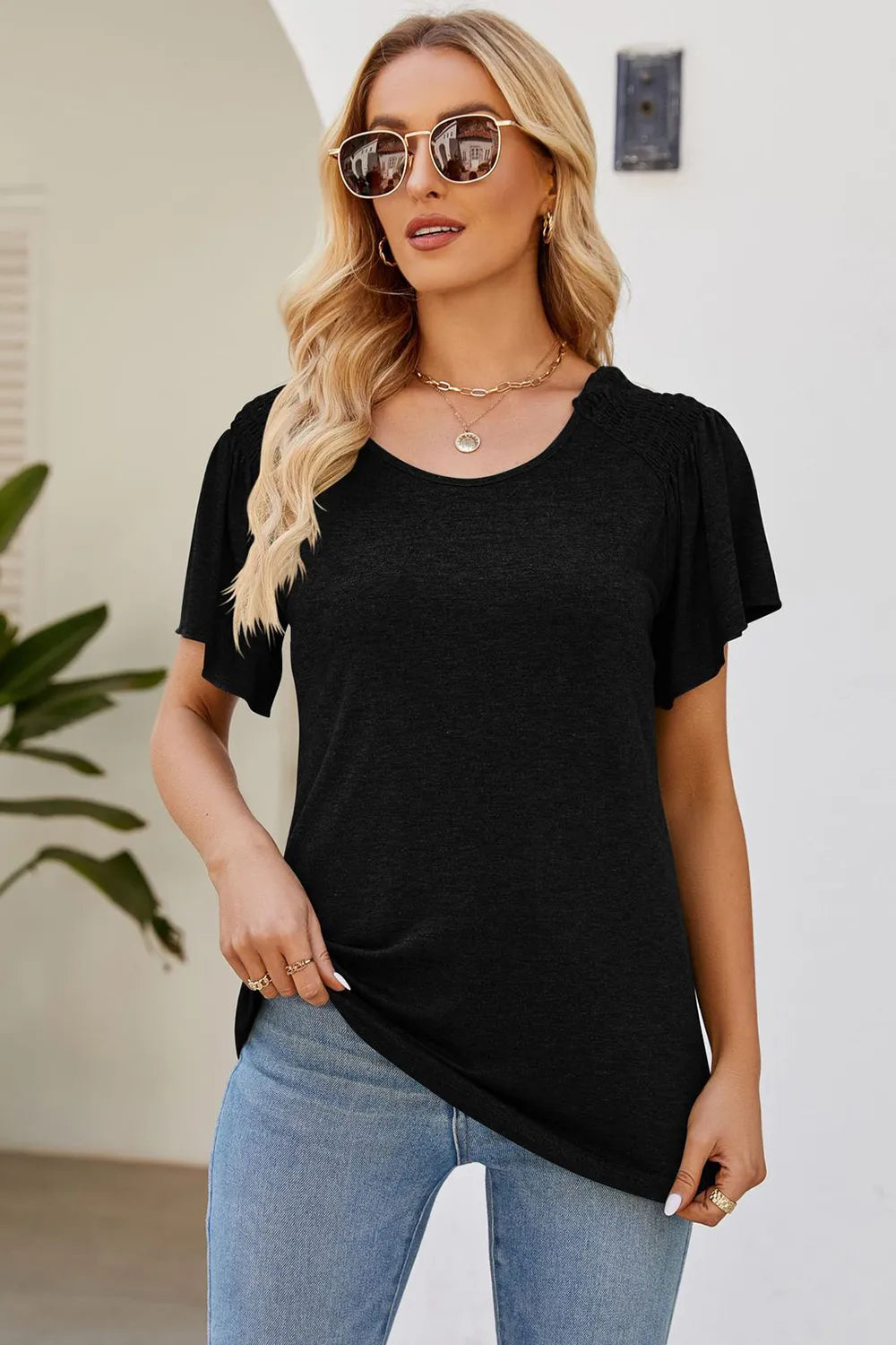 Smocked Round Neck Flutter Sleeve T-shirt (11)