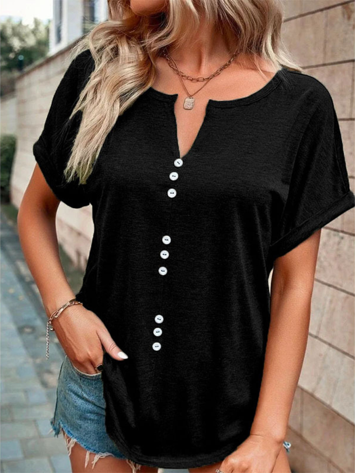 Full Size Decor Button Short Sleeve T-shirt Plus (5)