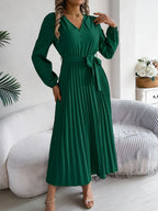 Pleated Tied V-neck Long Sleeve Dress (15)