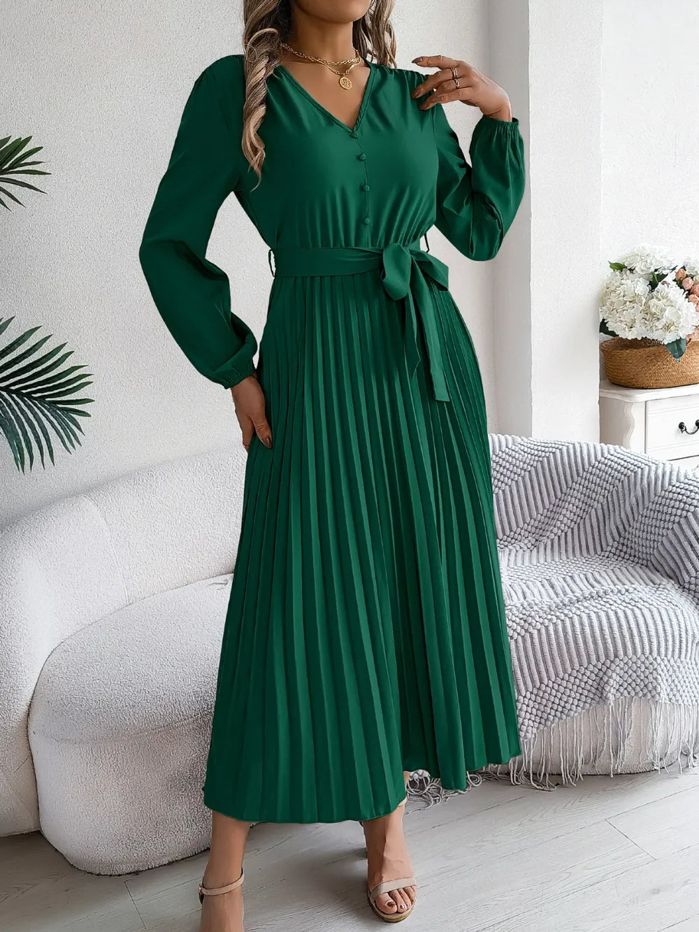 Pleated Tied V-neck Long Sleeve Dress (15)