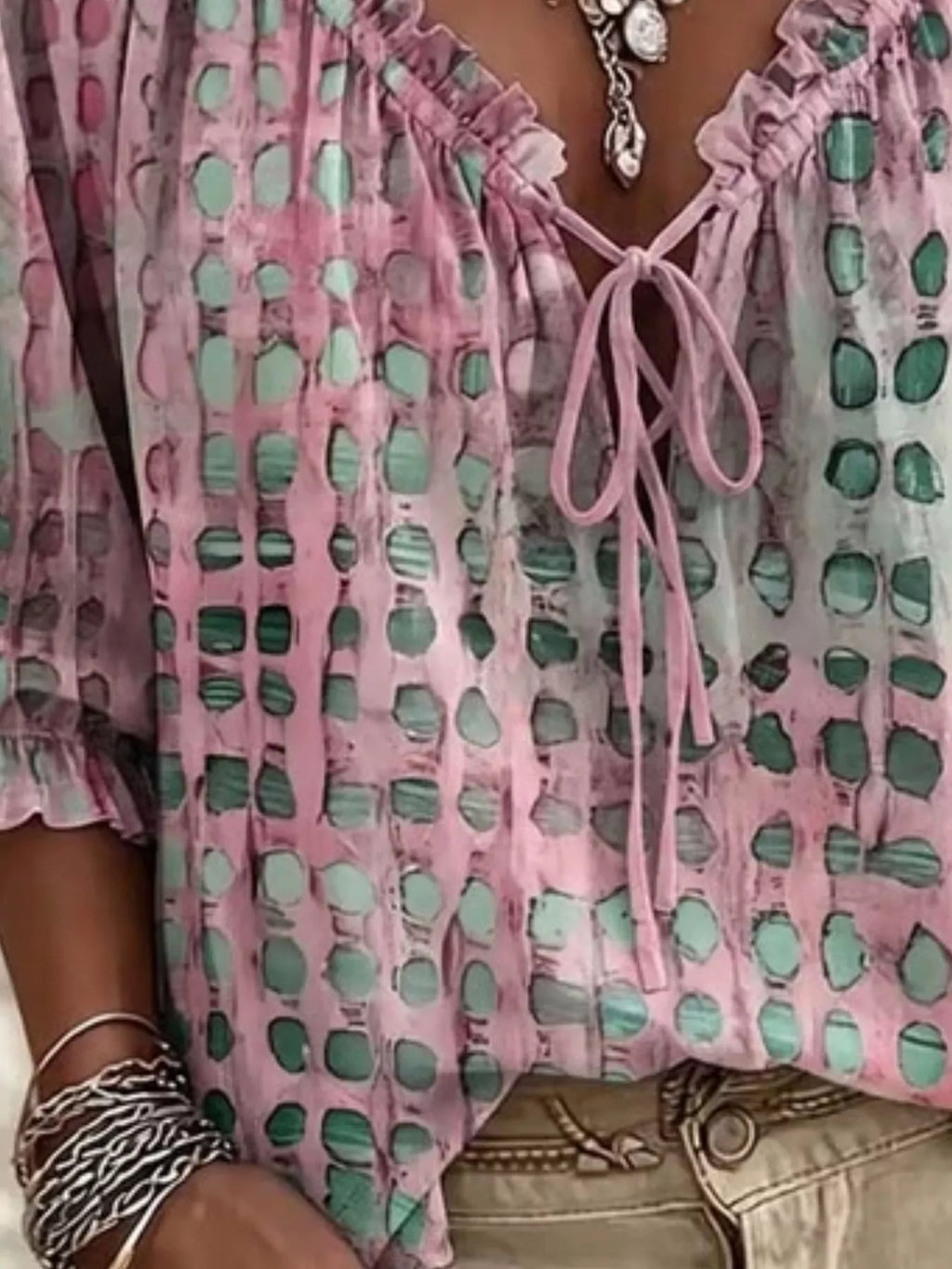 Full Size Tie Neck 3/4 Sleeve Blouse Plus (12)