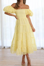Off Shoulder Short Puff Sleeve Midi Dress (8)