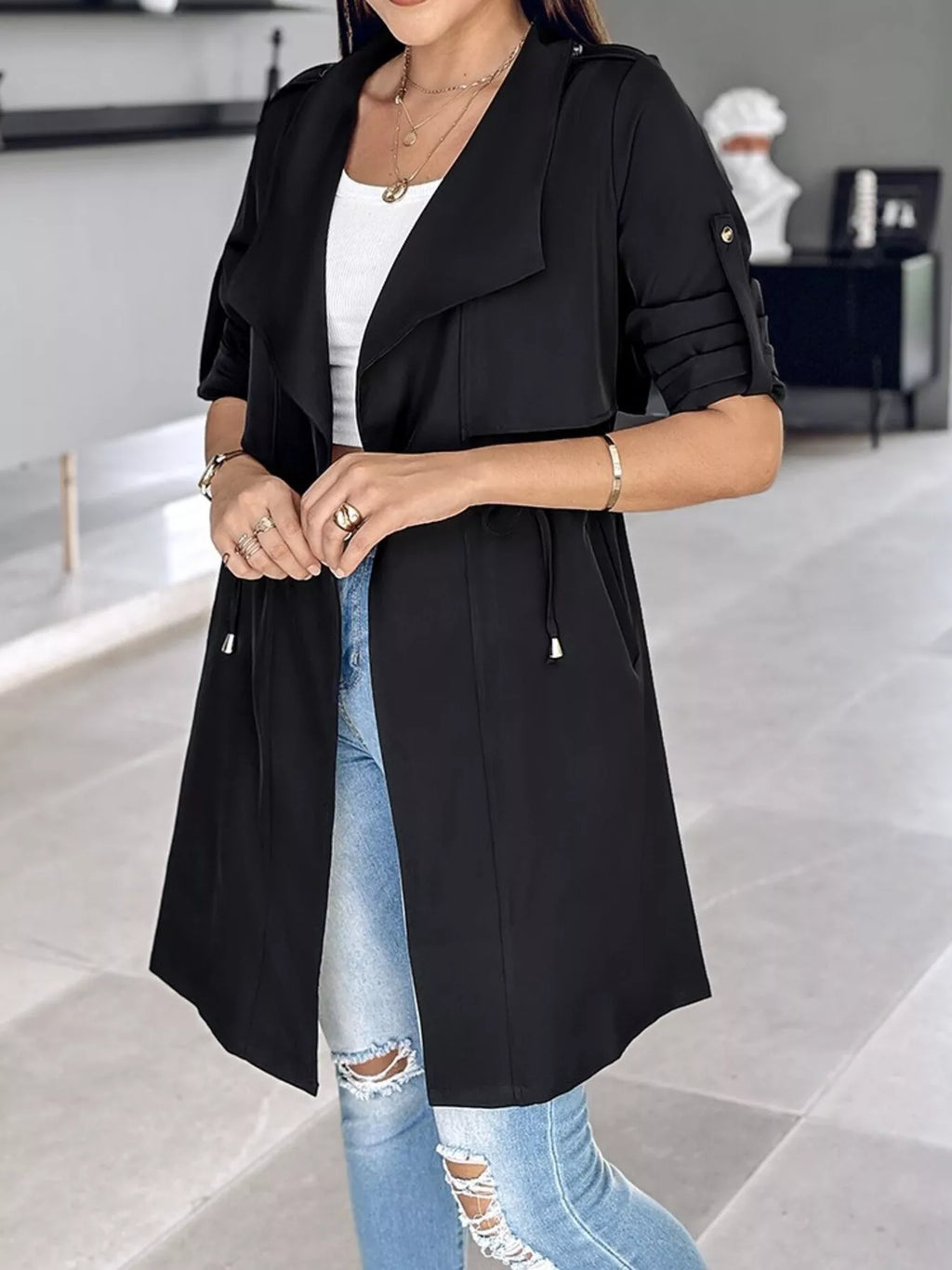 Drape Collar Lightweight Trench Coat (10)